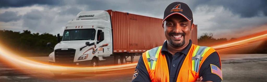 Schneider driver wearing a high visibility vest standing in front of a semi truck