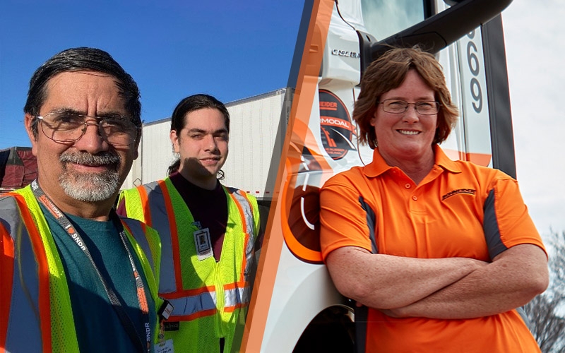 Two scenes are separated with a diagonal orange and grey line. On the left, stand a two team drivers who both wear t-shirts and high visibility vests. On the right,  female driver wearing an orange shirt leans against a white Schneider truck.