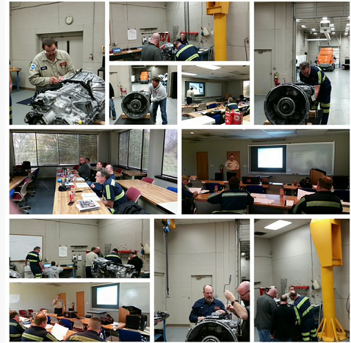 A collage of new Schneider diesel technicians performing various repairs with assistance and instruction from their mentors 