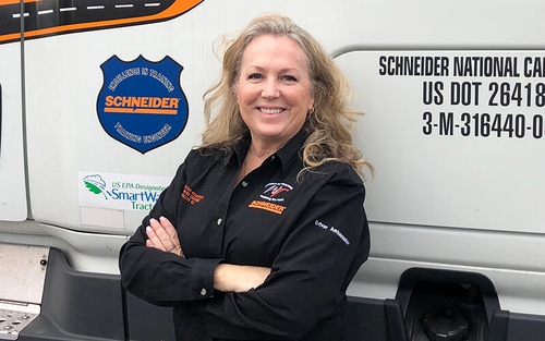 Schneider driver and training engineer Kellylynn McLaughlin is the new Women in Trucking and Schneider Driver Ambassador.