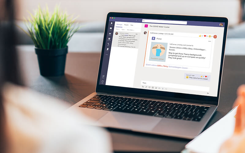 An associate sends praise on Microsoft Teams as a way of engaging in peer-to-peer recognition.