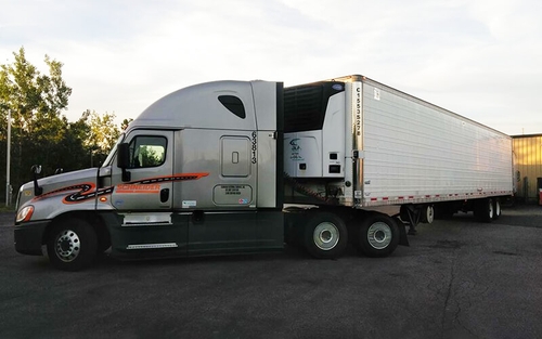 A grey Schneider semi-truck backs a white reefer trailer towards a loading dock.