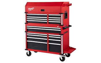 A red Milwaukee toolbox.