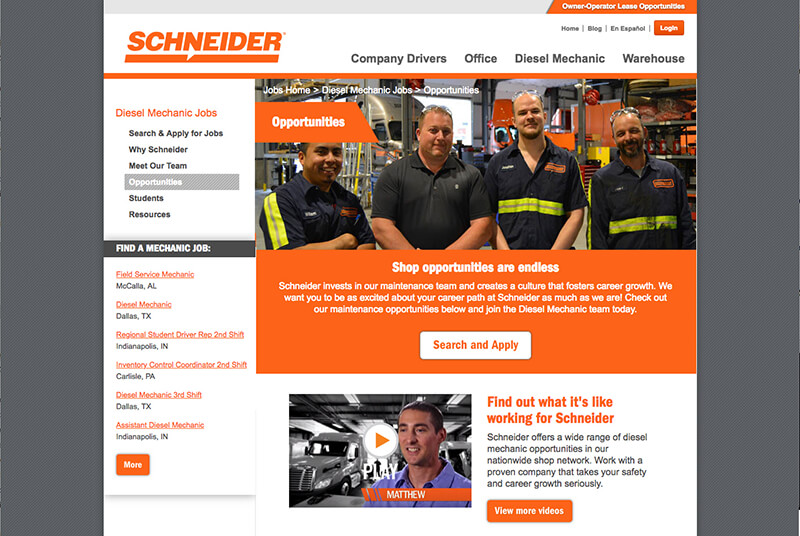 A screenshot of the diesel technician opportunities webpage on SchneiderJobs.com