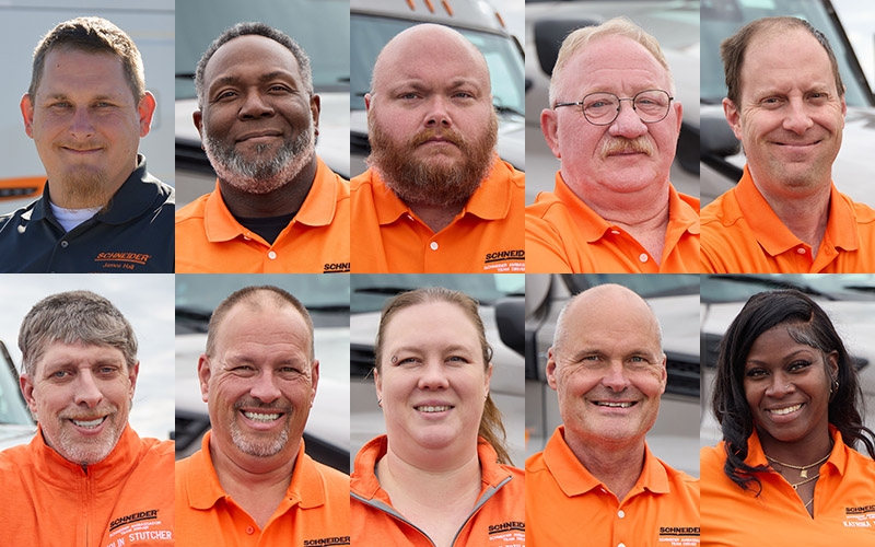 A photo collage of the newest 10 Schneider Driver Ambassadors.