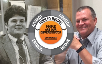 Todd Jadin before and after his 25-year career at Schneider. An emblem outlines the four parts of Schneider Hire to Retire philosophy: attract, develop, engage and retain. At the center is the claim "People are our differentiator."