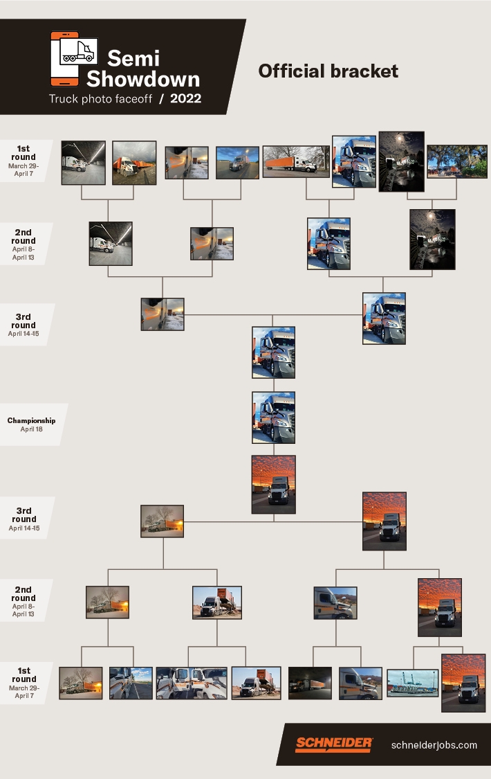 Schneider's photo contest bracket featuring 16 photos submitted by drivers and associates with three rounds leading to the championship.