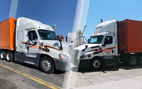 Two Intermodal trucks are parked facing each other. The truck on the left is a Regional sleeper truck and the truck on the right is a Local day cab truck.