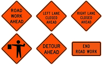 A "road work ahead," "left lane closed ahead," "right lane closed ahead," "flagger ahead," "detour ahead" and "end road work" sign. 