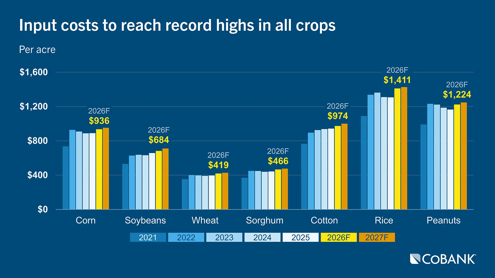 Bar chart showing input costs for corn, soybeans, wheat, sorghum, cotton, rice and peanuts from 2021 through 2027 (forecasted), with input costs forecasted to reach record highs in all crops in 2026