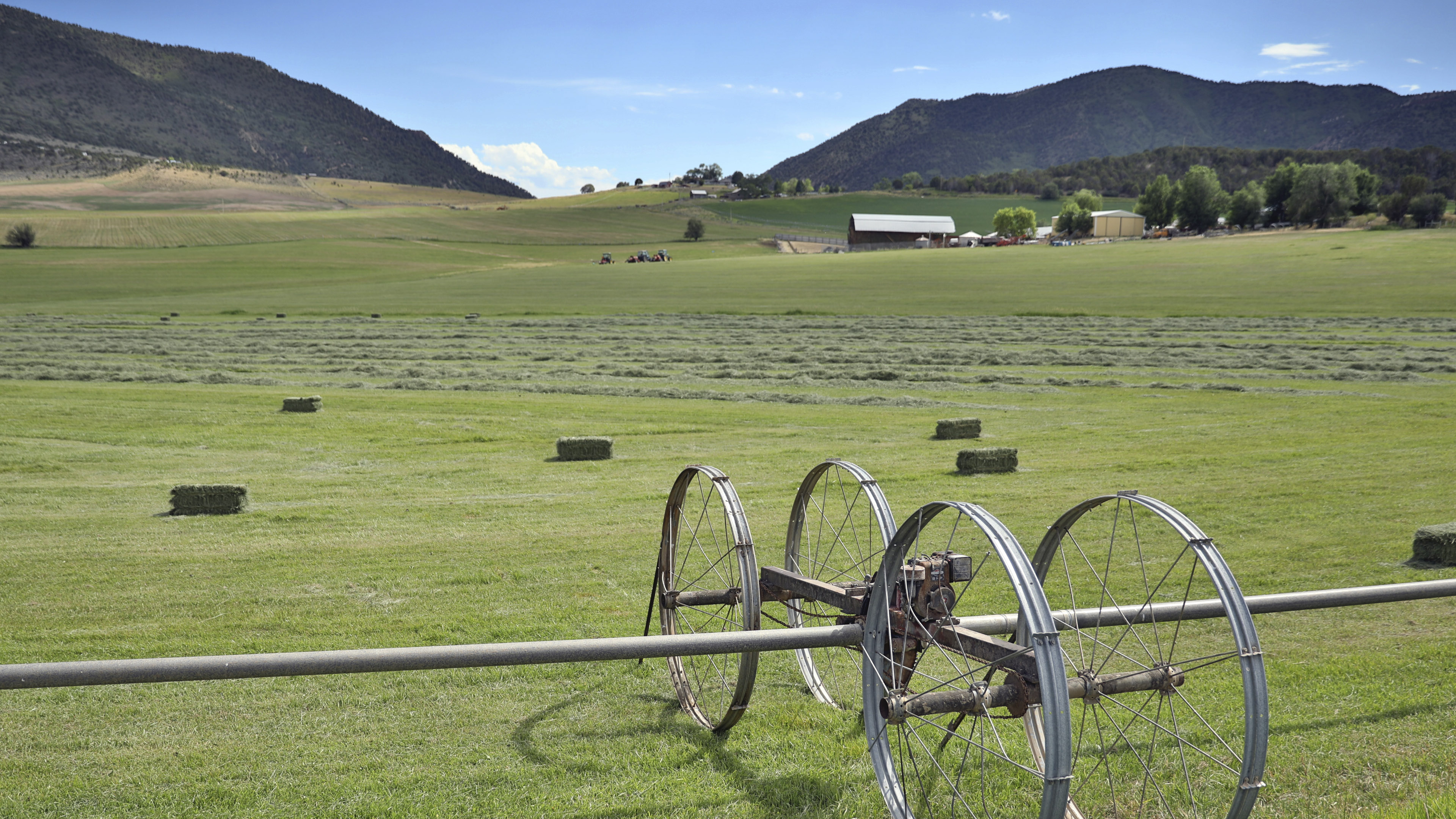 Wide view of a rural agricultural field with irrigation equipment and mountains visible in the distance