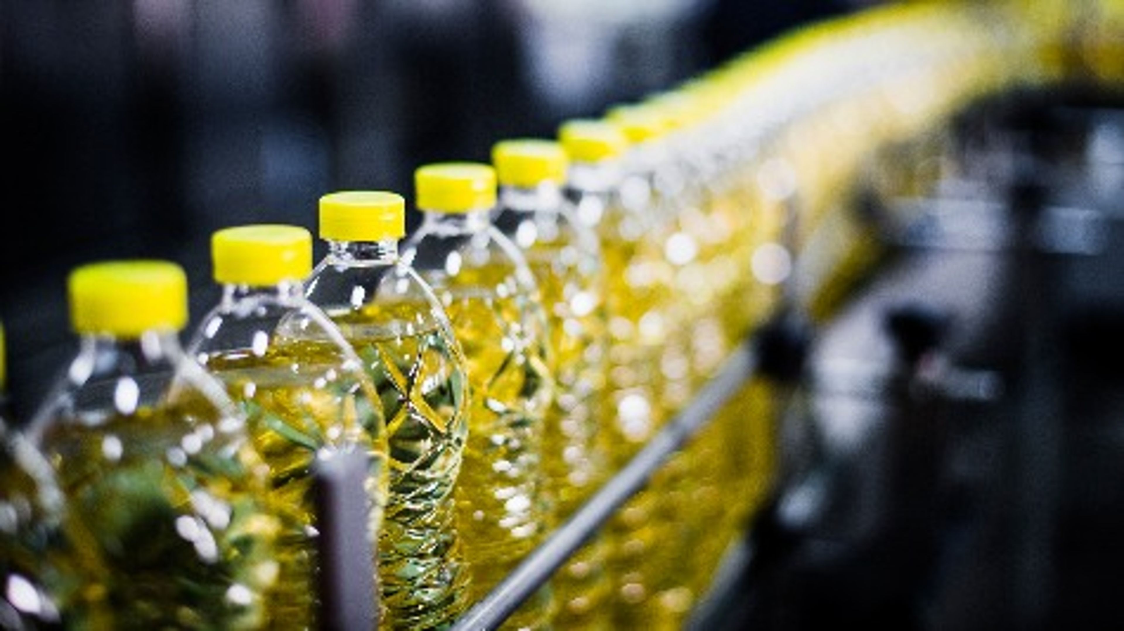Bottles of vegetable oil on a conveyor in a processing plant