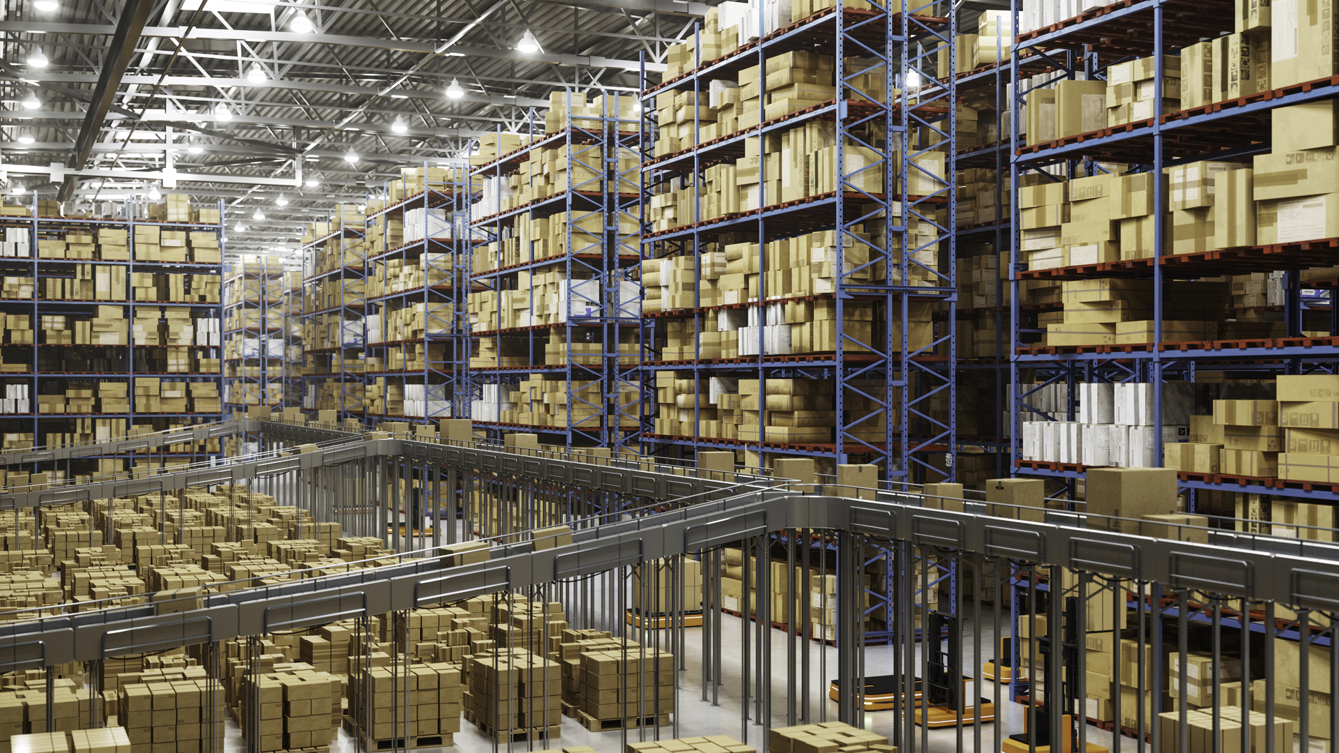 Large warehouse with tall storage racks filled with boxes, conveyor systems, and pallets arranged throughout the distribution center.