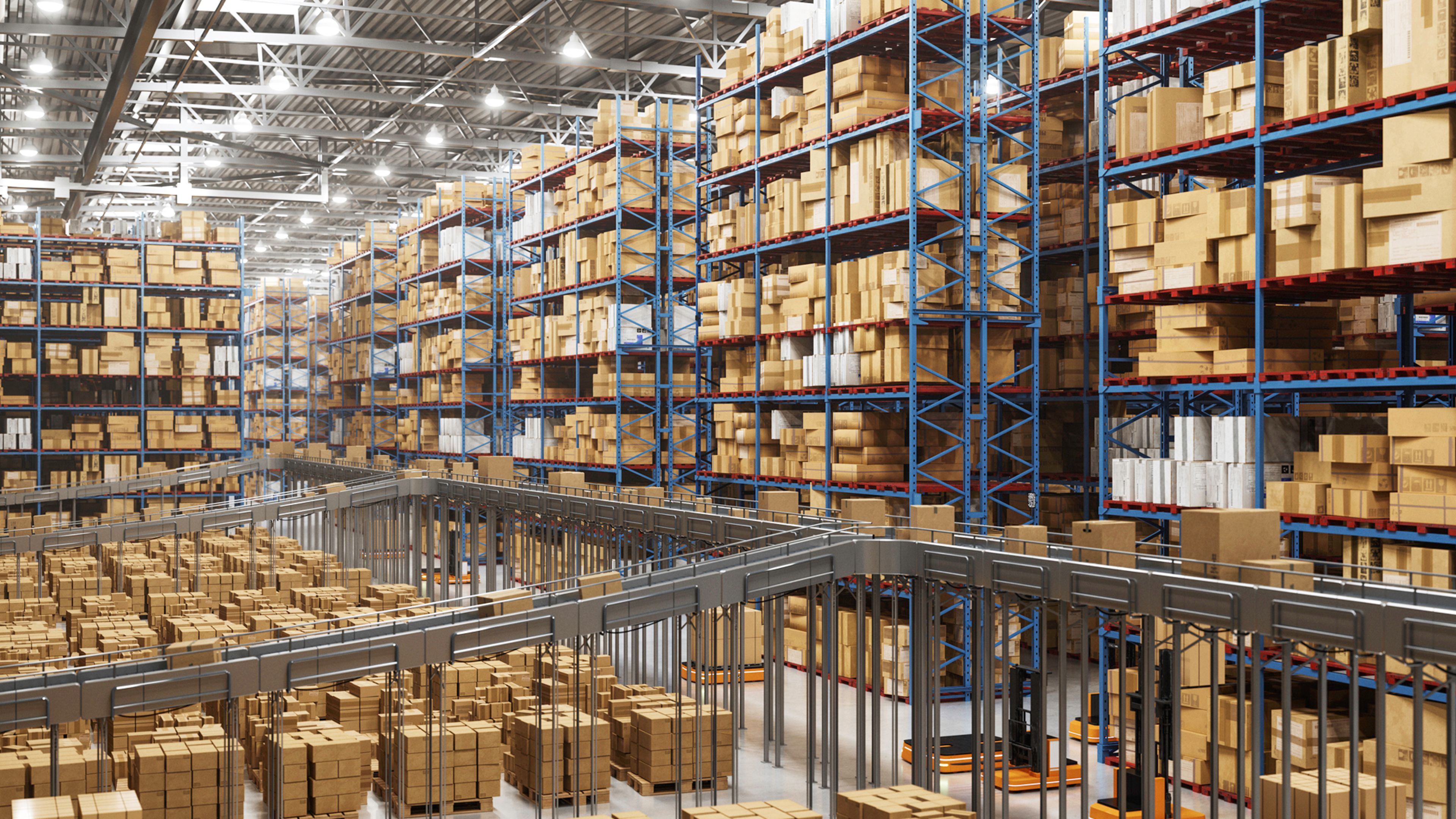 Large warehouse with tall storage racks filled with boxes, conveyor systems, and pallets arranged throughout the distribution center.