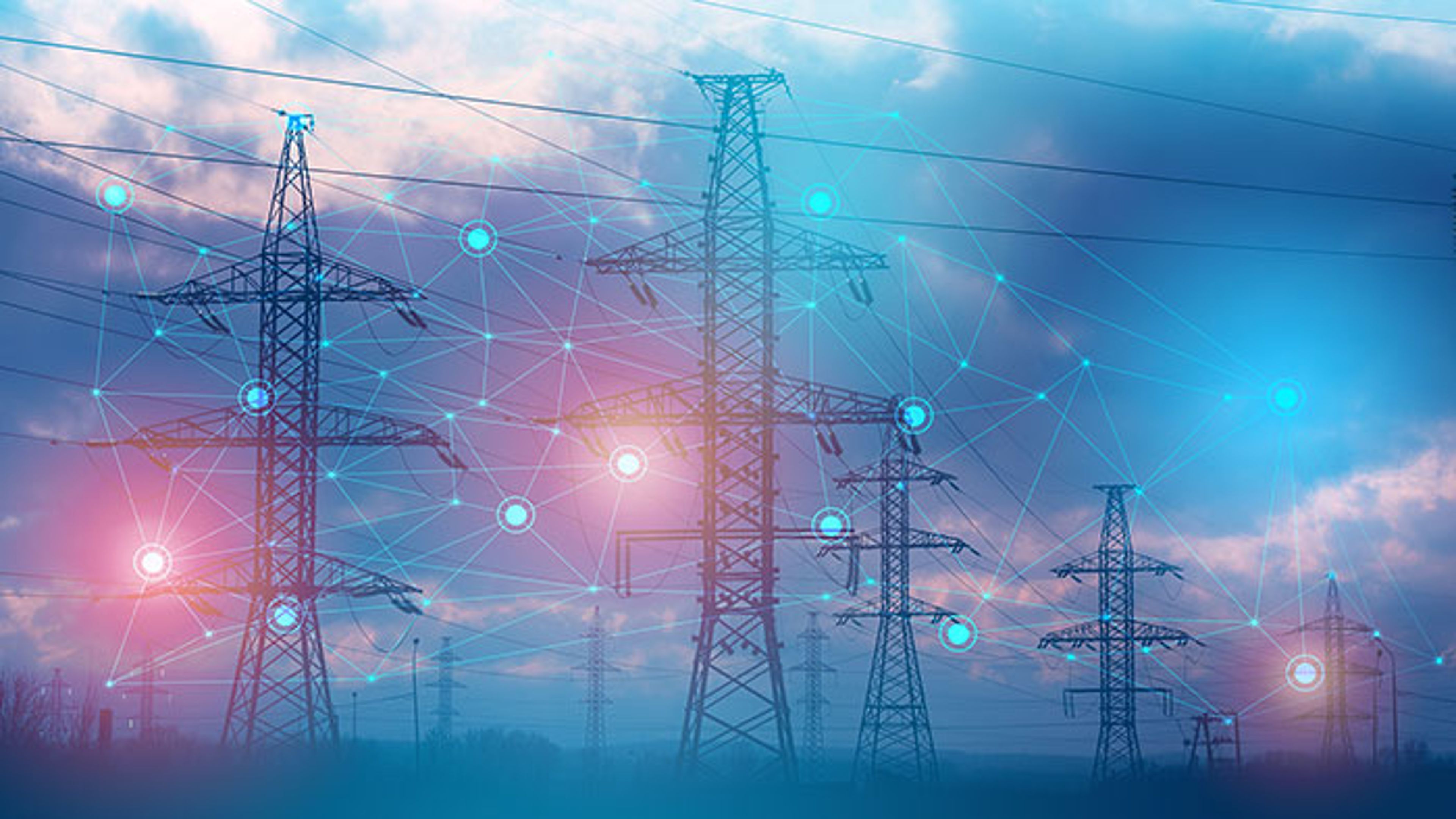 Electric transmission towers overlaid with an abstract connection graph