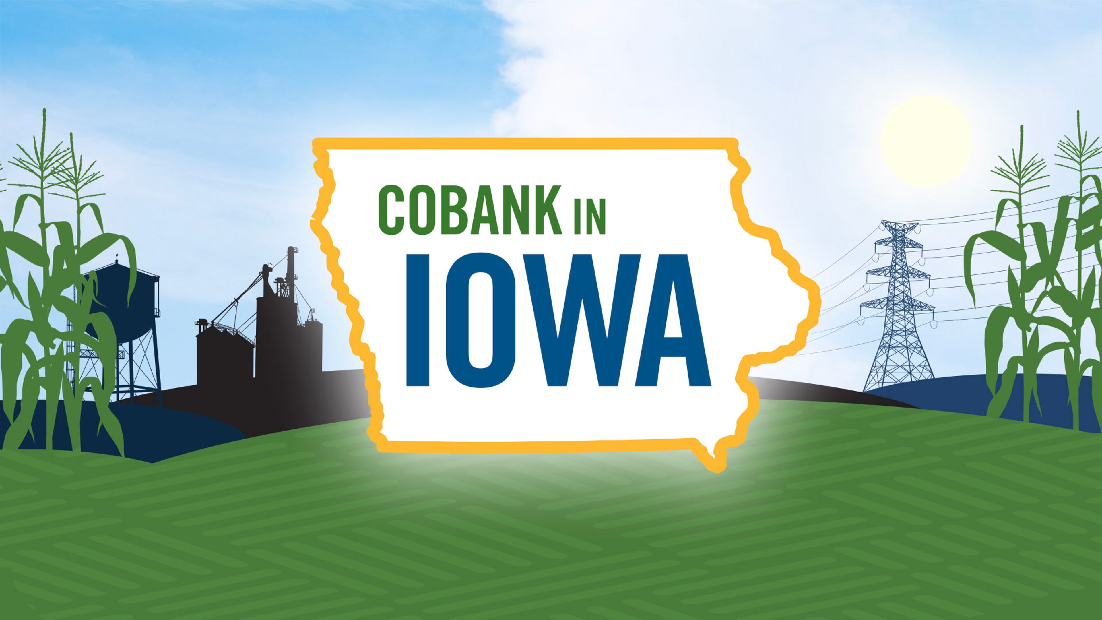 Outdoor scene with a stylized outline of Iowa superimposed and the words "CoBank in Iowa"