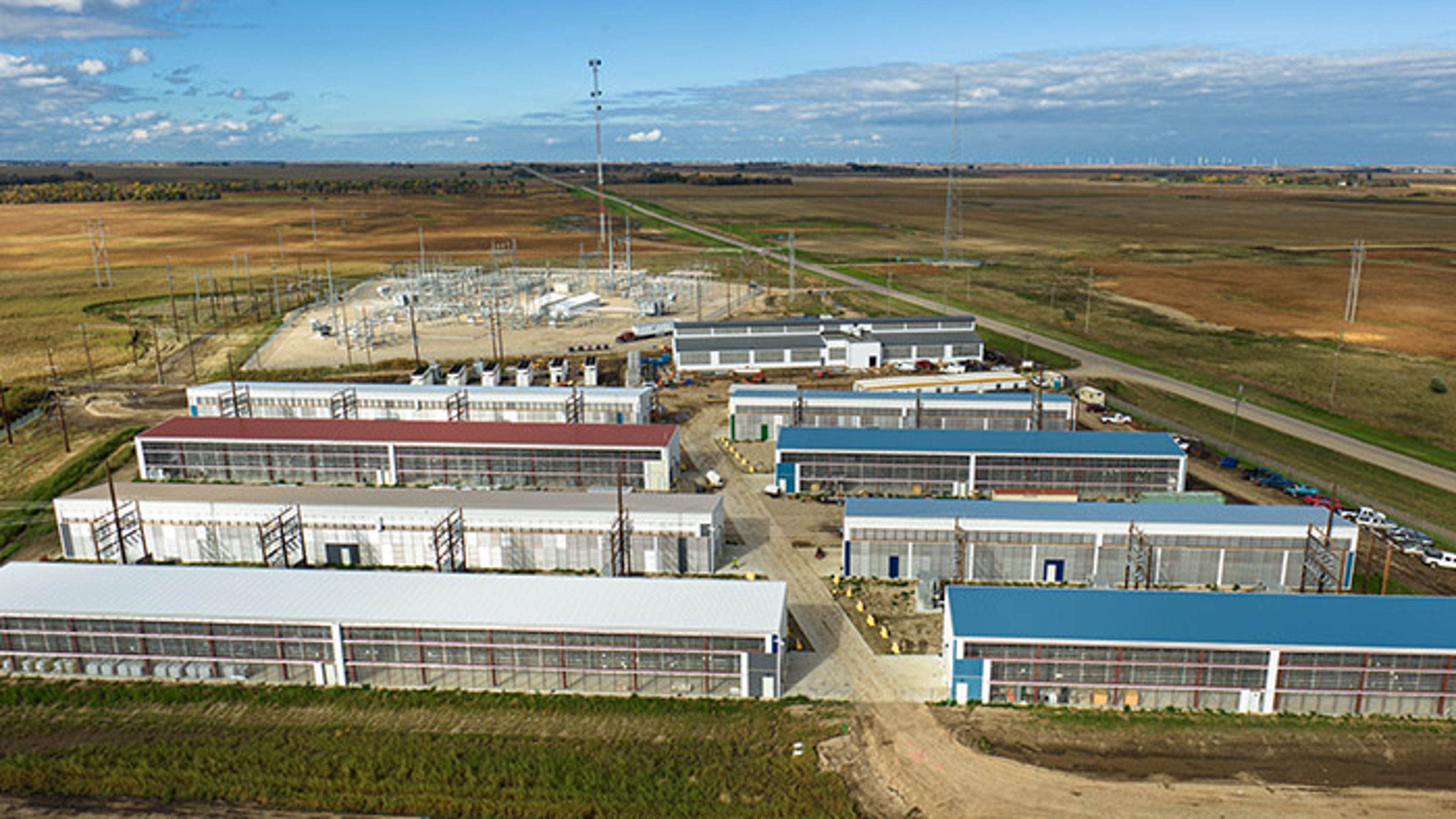 Overhead view of a data center in a rural area