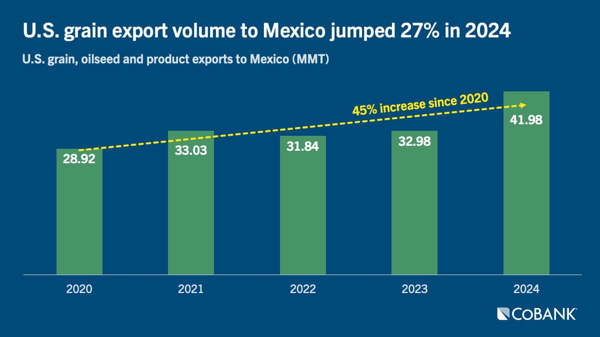 Chart: U.S. grain export volume to Mexico jumped 27% in 2024