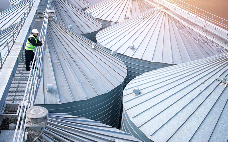 Man standing on platform over multiple grain bins