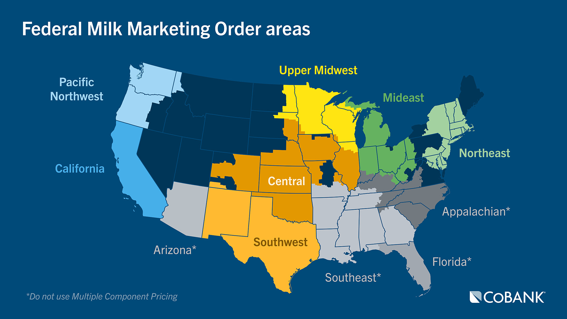 Shaded map of the United States showing the Federal Milk Marketing Order areas