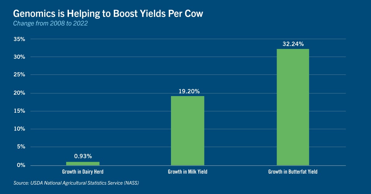 Chart of genomics is helping to boost yields per cow