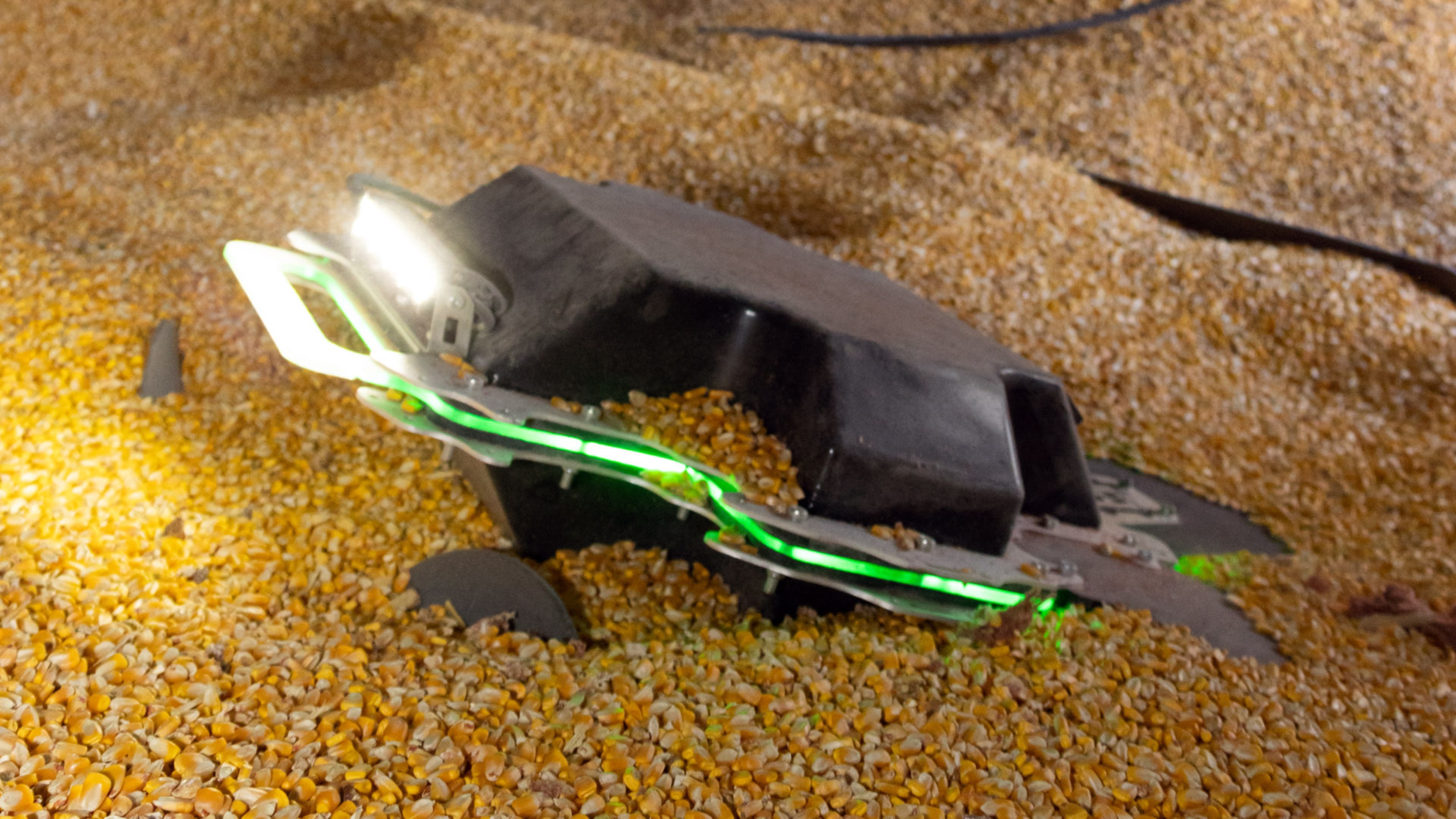 A small robotic device partially buried in a pile of loose grain, illuminated by built‑in lights.