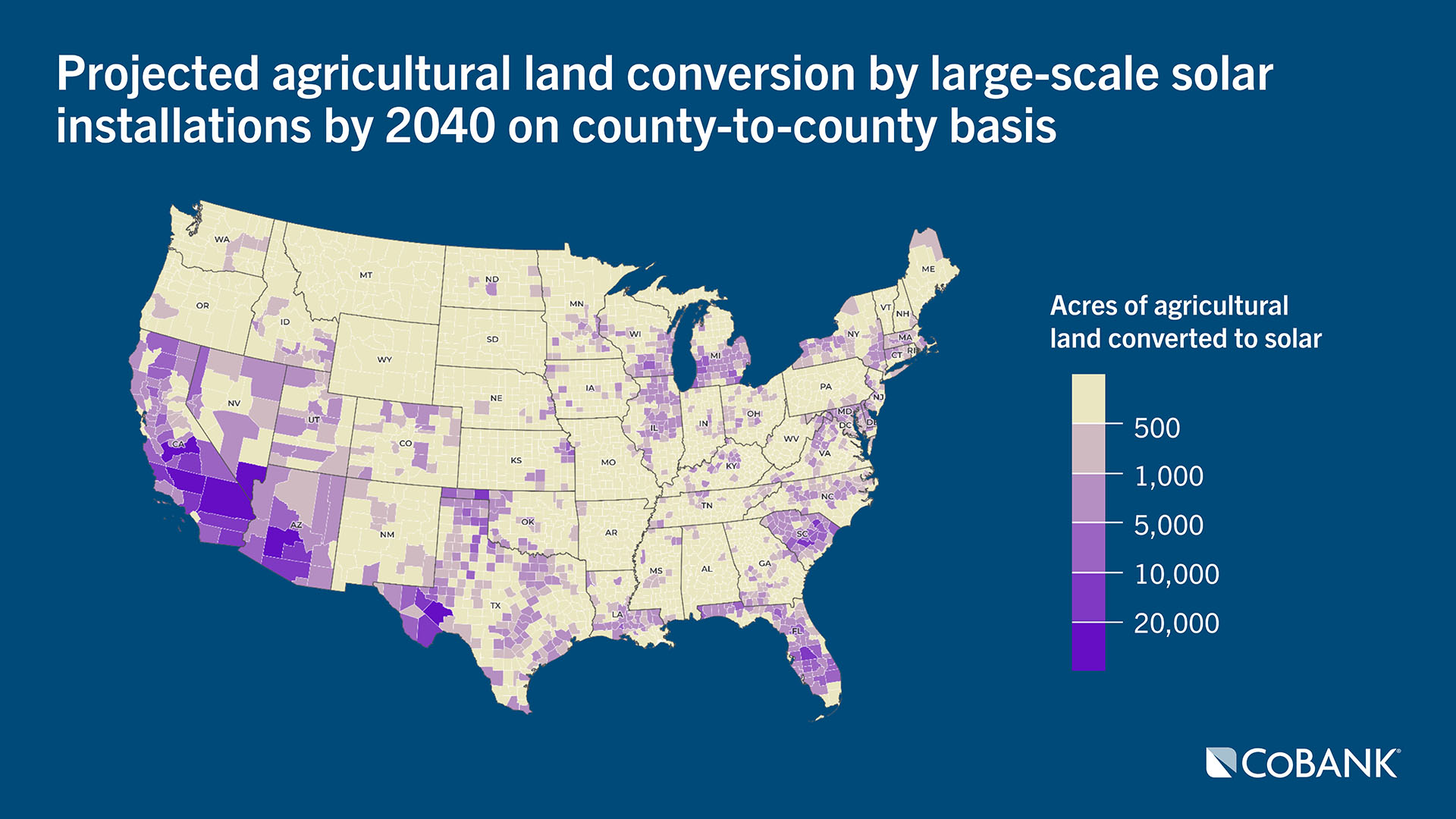 Map: Projected agricultural land converstion by large-scale solar installations by 2040 on county-to-county basis