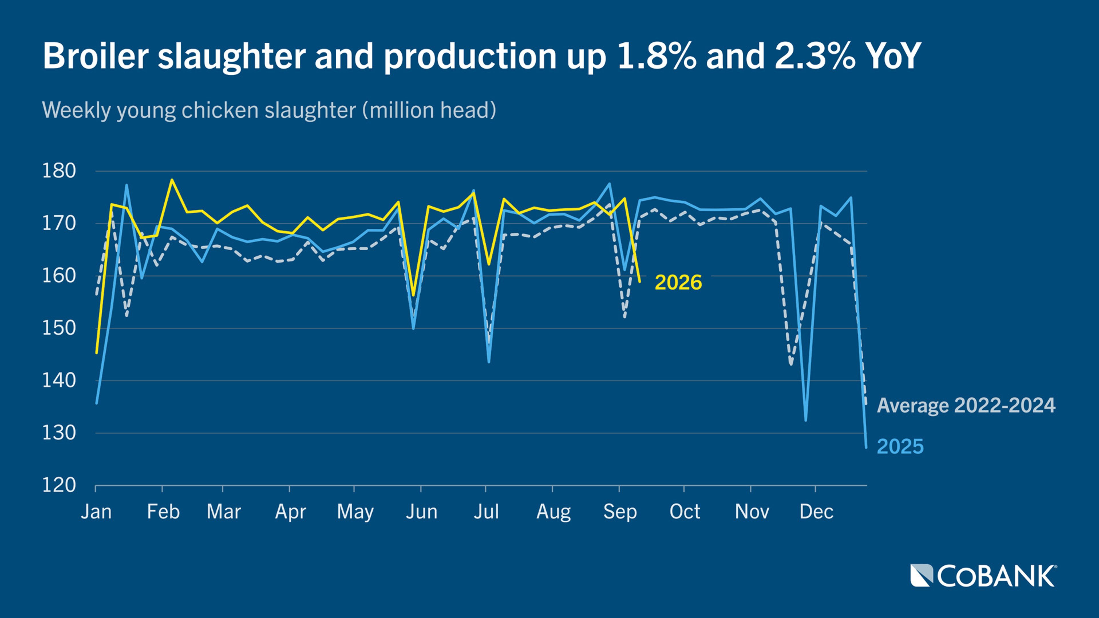 Line chart comparing weekly young chicken slaughter in 2025 and 2026 with the 2022-2024 average.