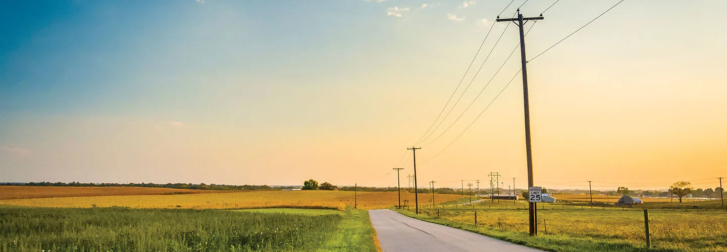 County road with distribution power poles along the side holding cable line surrounded by farmland