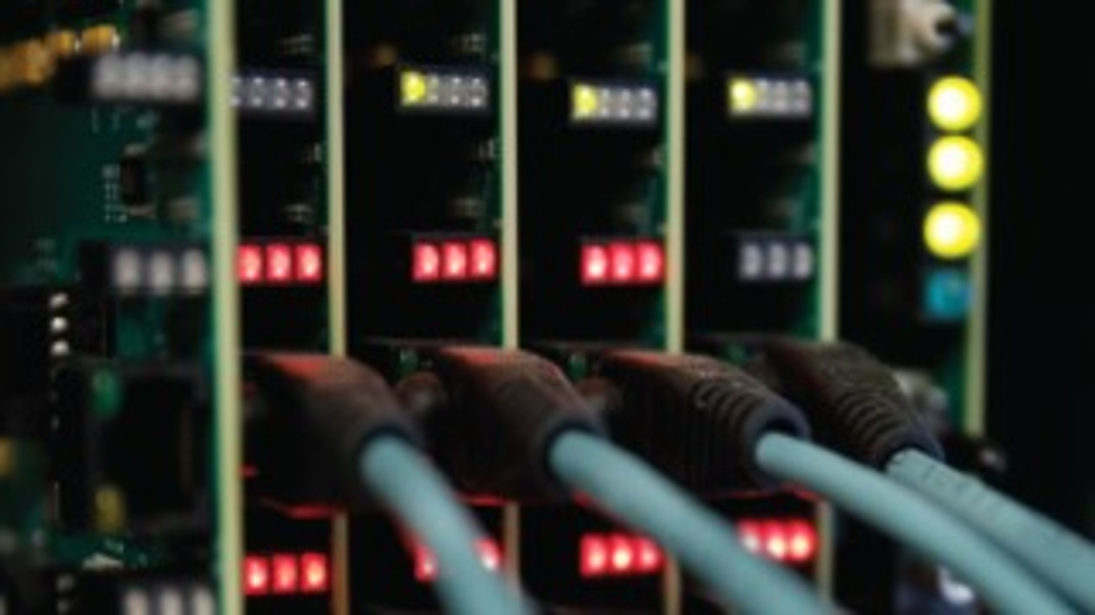 Row of cables plugged into a rack of telecom equipment