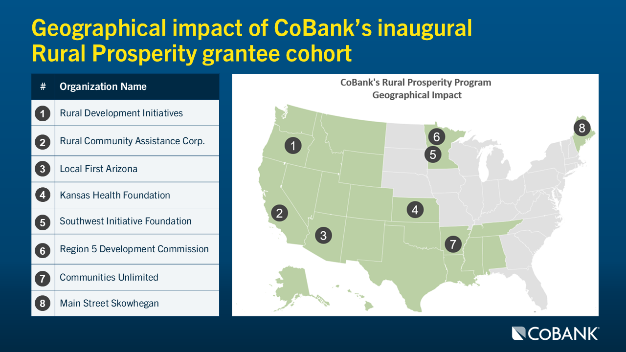 Map of the geographical impact of CoBank's inaugural Rural Prosperity grantee cohort