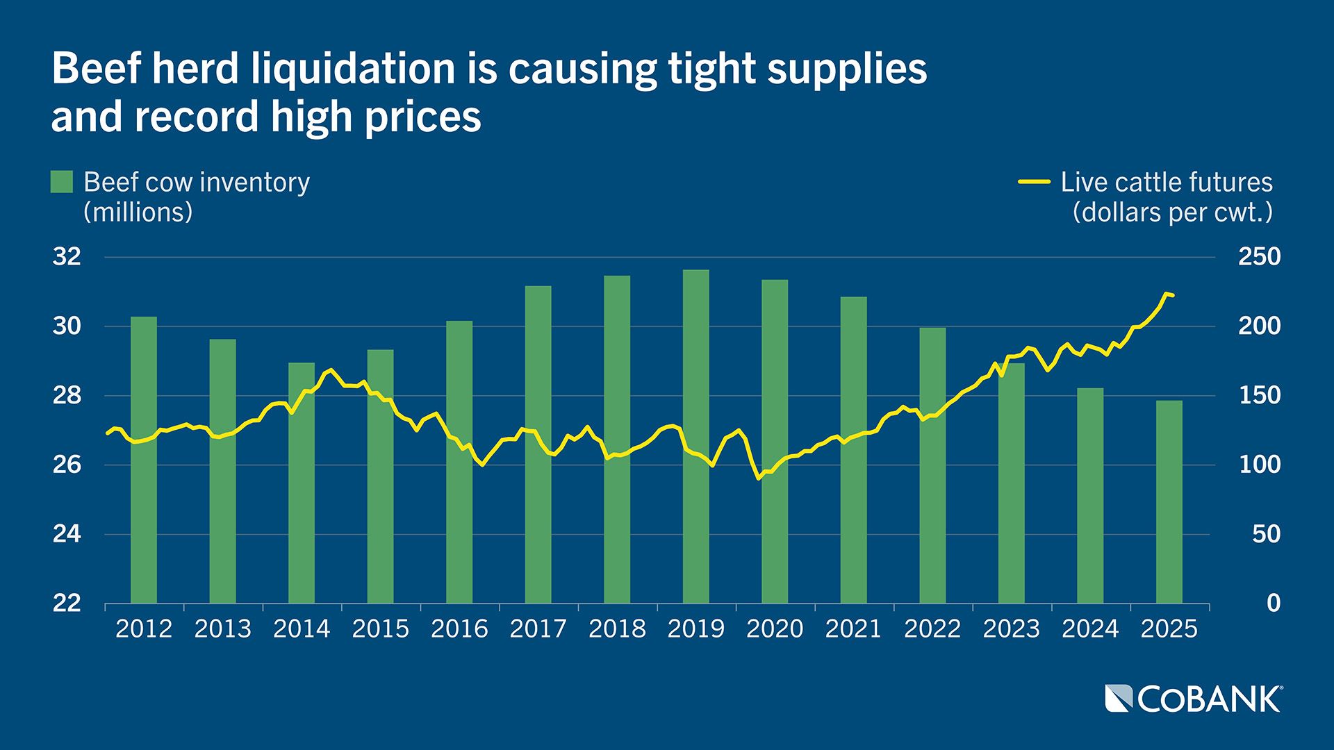 Chart of beef herd liquidation causing tight supplies and record high prices