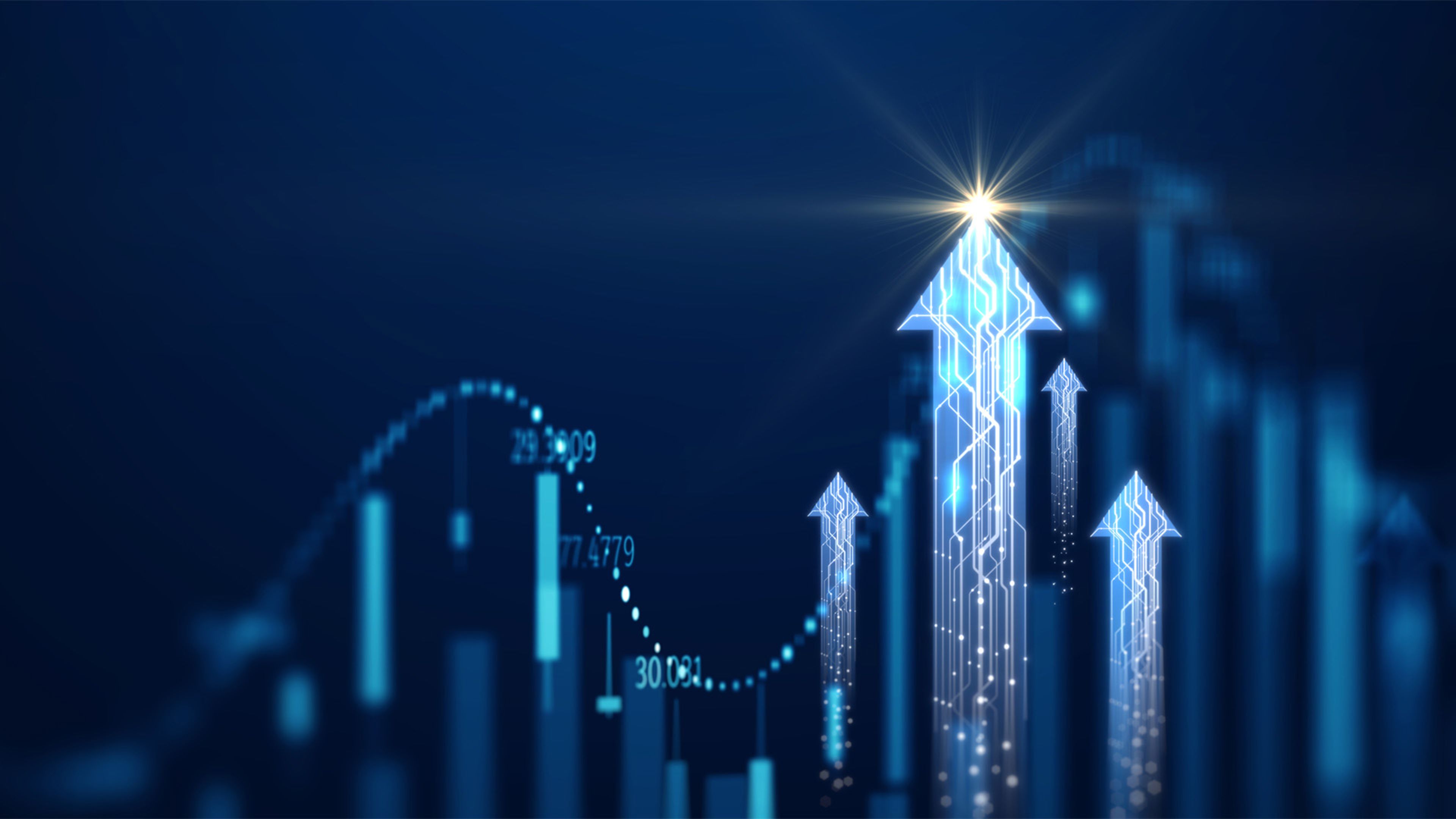 Futuristic bar chart with glowing arrows rising upward