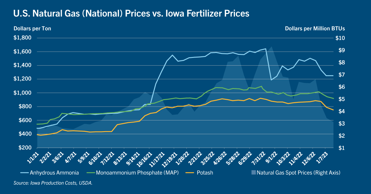 Chart: U.S. natural gaz (national) prices vs. Iowa fertilizer prices