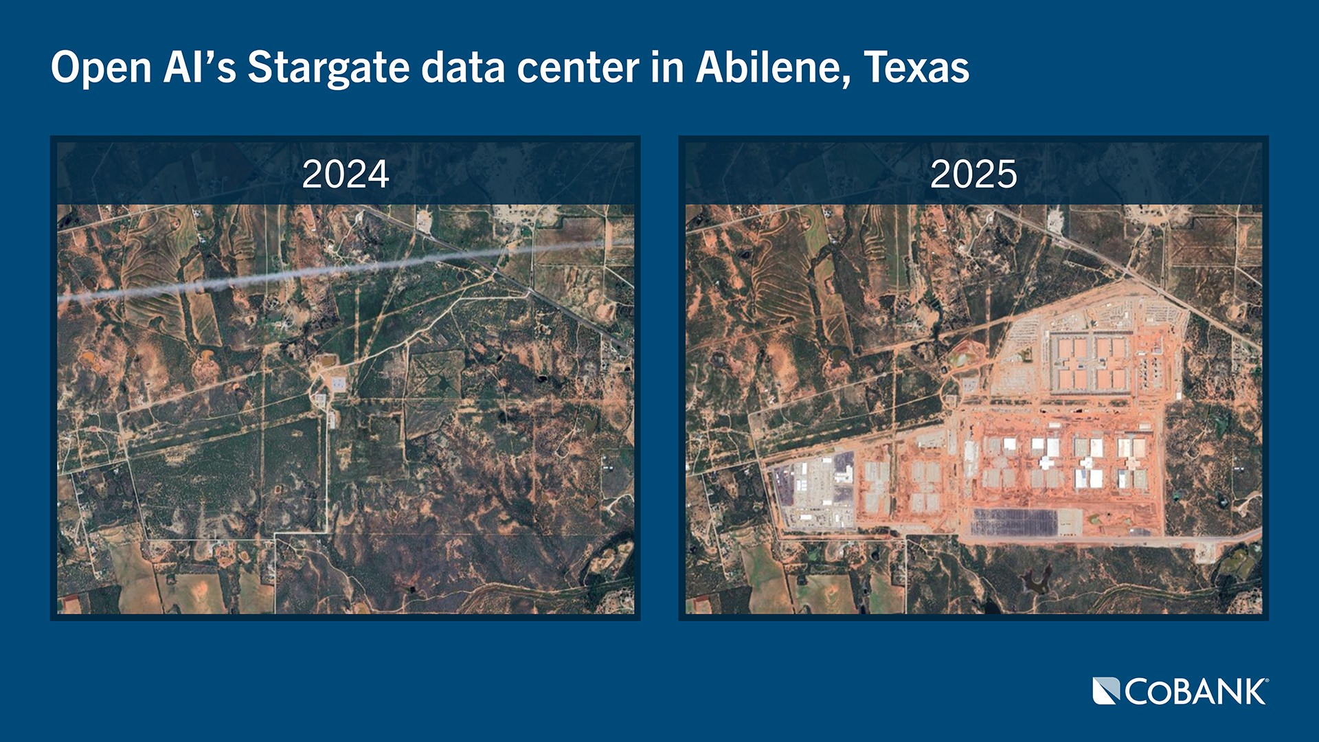 Side-by-side satellite images showing the expansion of OpenAI’s Stargate data center site in Abilene, Texas, comparing undeveloped land in 2024 with active construction in 2025.