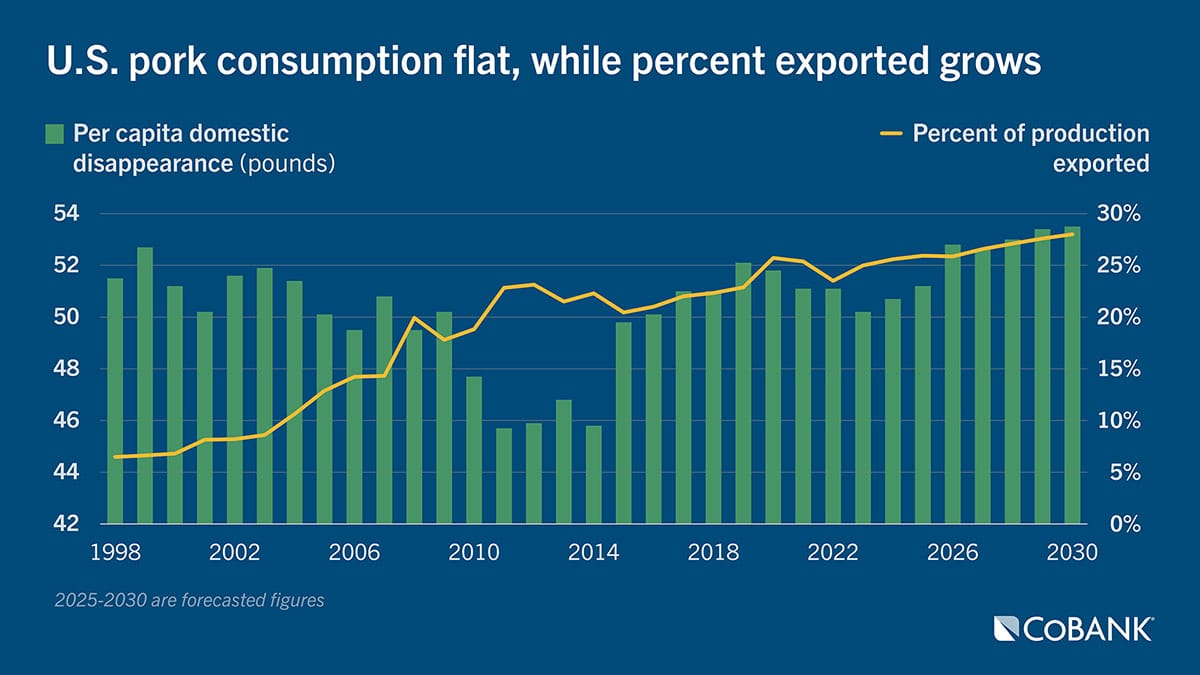Chart: U.S. pork consumption flat, while percent exported grows