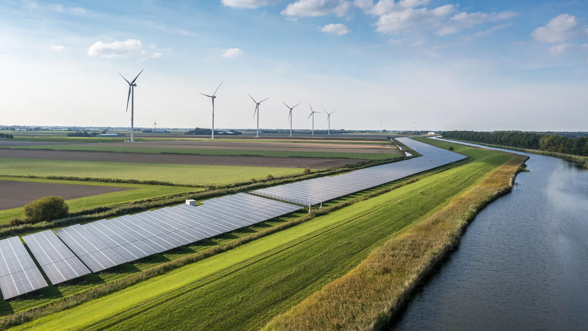 Wide landscape view of solar panels and wind turbines alongside a canal or waterway in an open rural setting