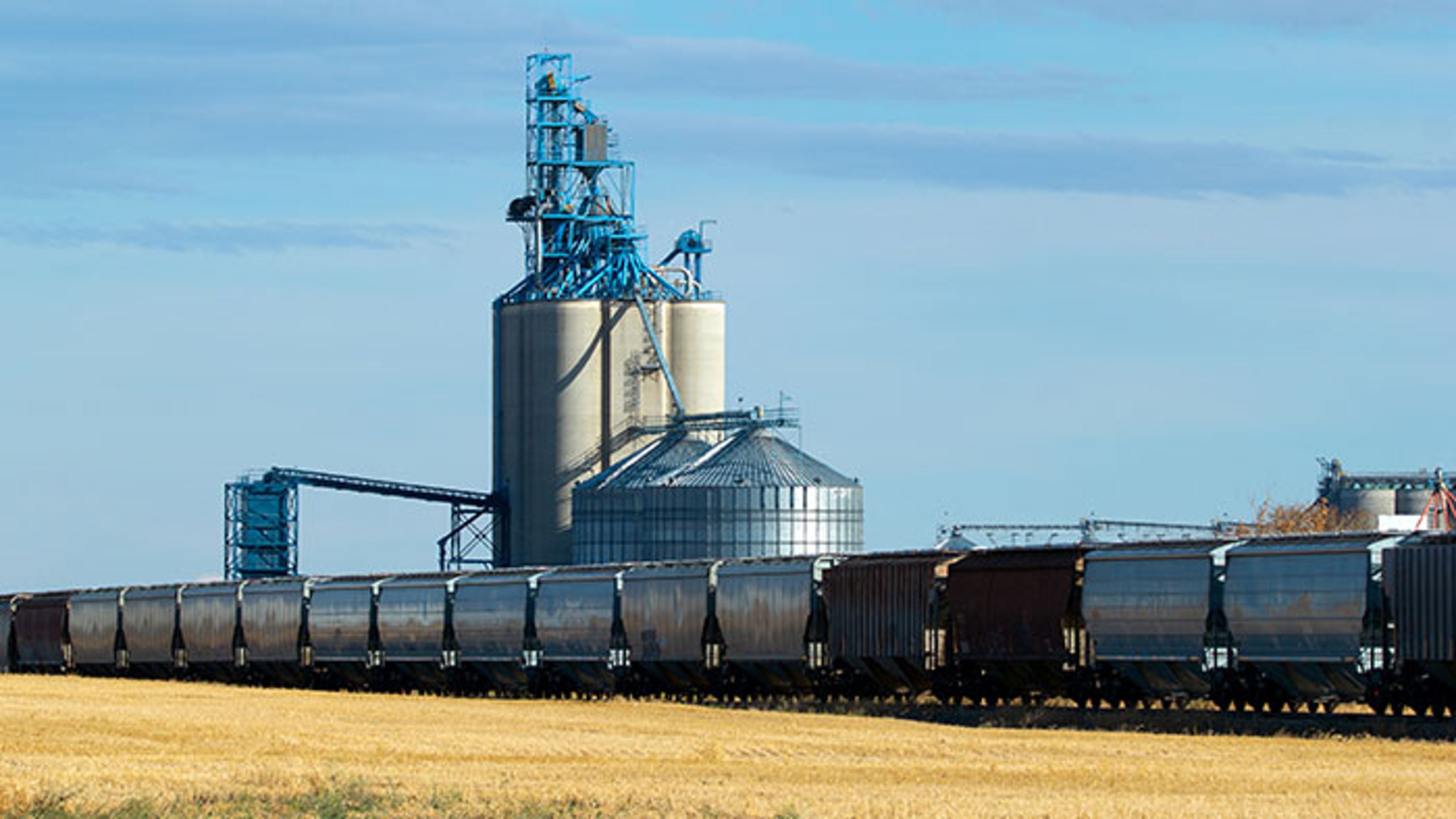 Grain bins with a freight train in the foreground