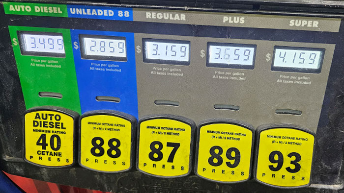 Closeup of fuel options on a gas pump