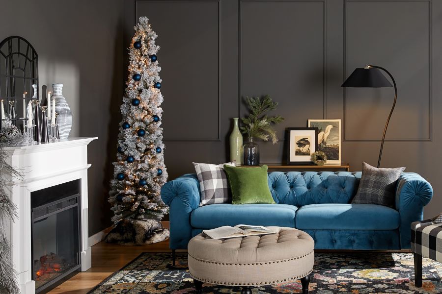 Room with Teal, White, and Blue Christmas Decor