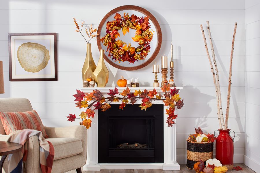 Mantle with Fall Leaf Decor