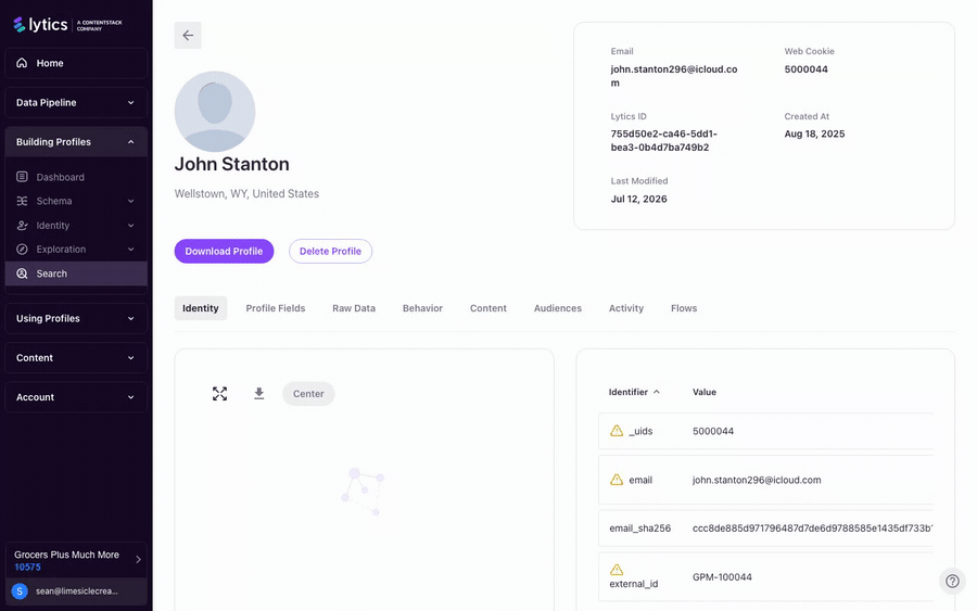 Walk through the Identity Explorer for a sample profile: show Identity graph, Profile Fields with filtering, Raw Data JSON, Behavior scores, Content Affinity topics, and Activity heatmap.