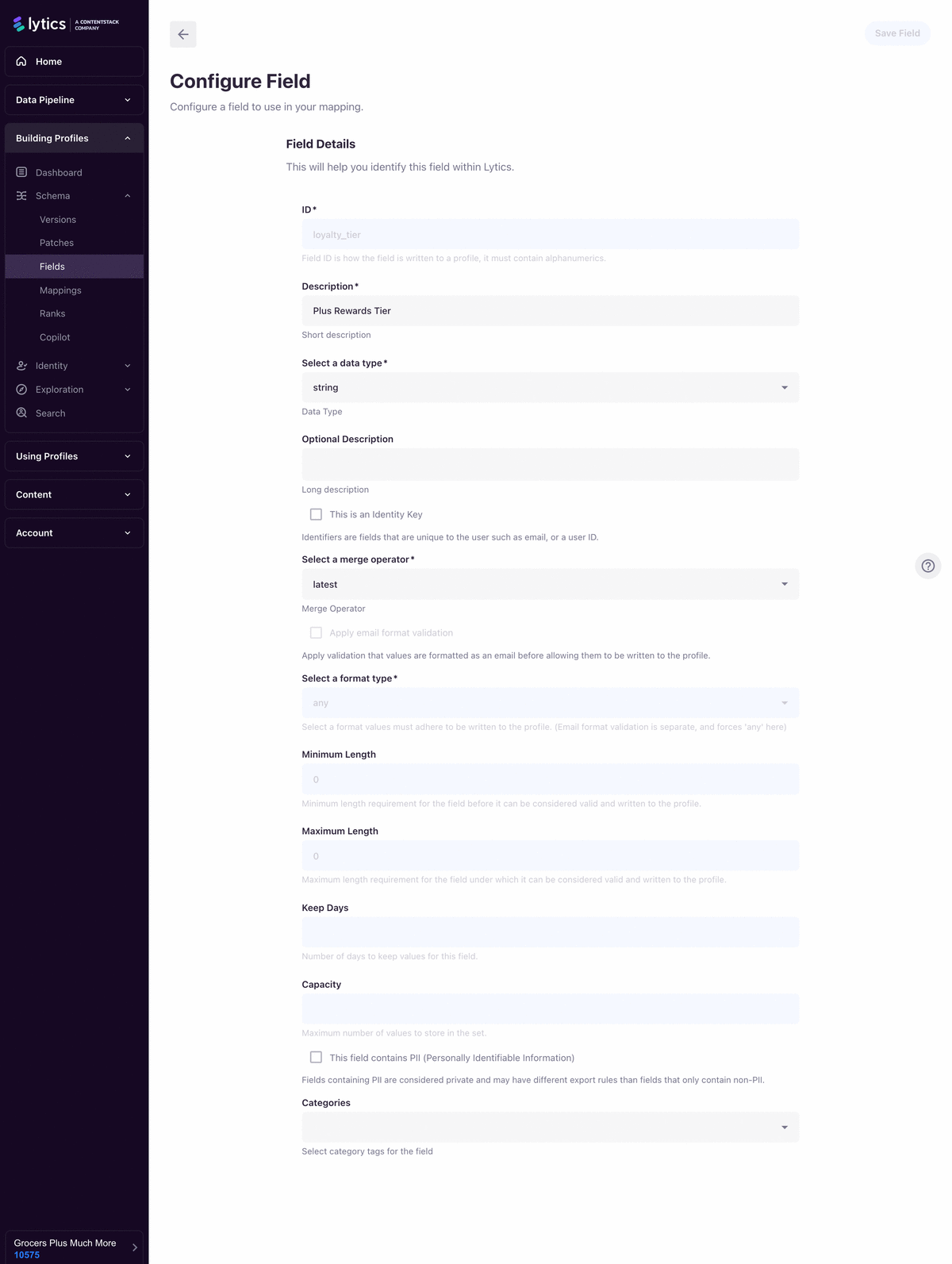 Field creation dialog showing the data type dropdown, merge operator selection, and identity key/PII flag settings.