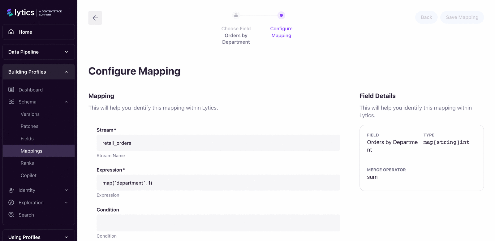 Mapping editor showing the stream selector, expression input, condition field, and target field dropdown for an active mapping.