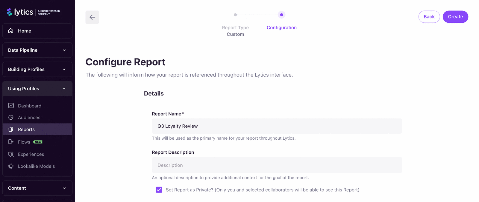 Report configuration form showing private toggle and collaborators selector.