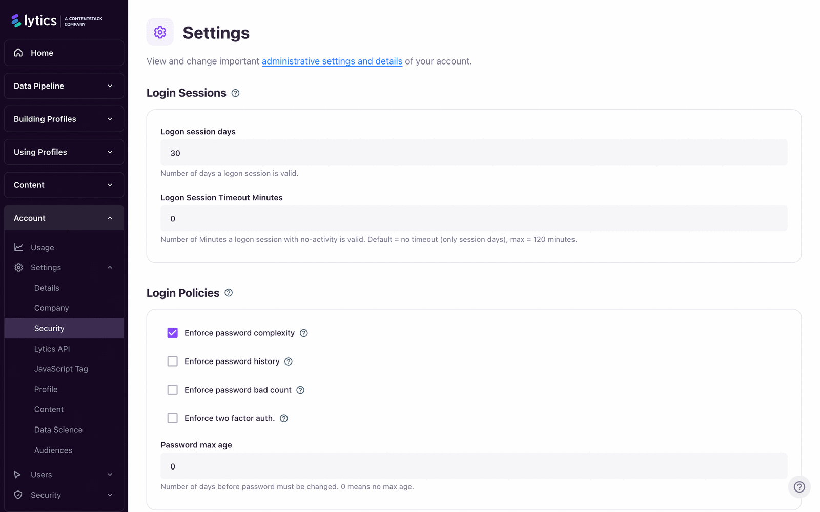 Security settings page showing login session and login policy configuration options.