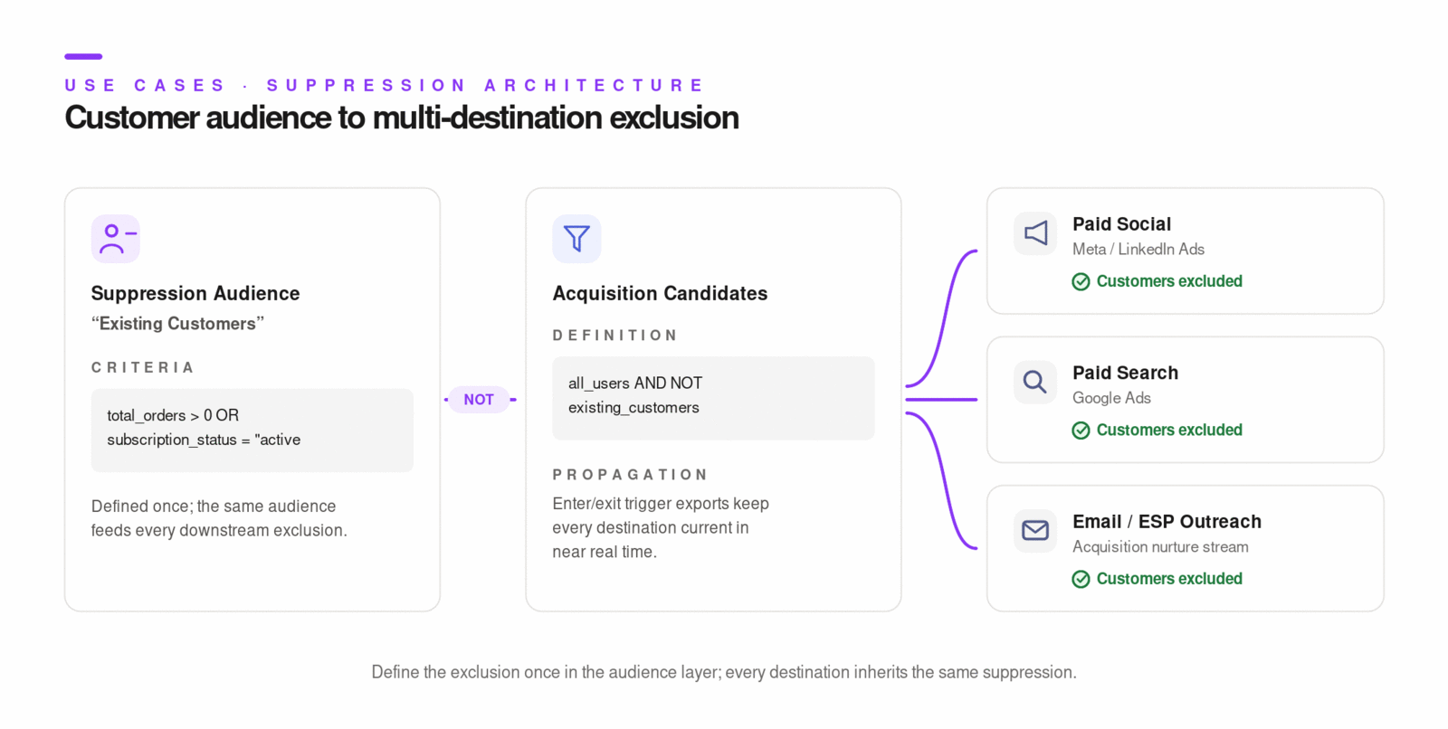 Suppression architecture from customer audience to multi-destination exclusion, showing audience builder configuration and export setup.