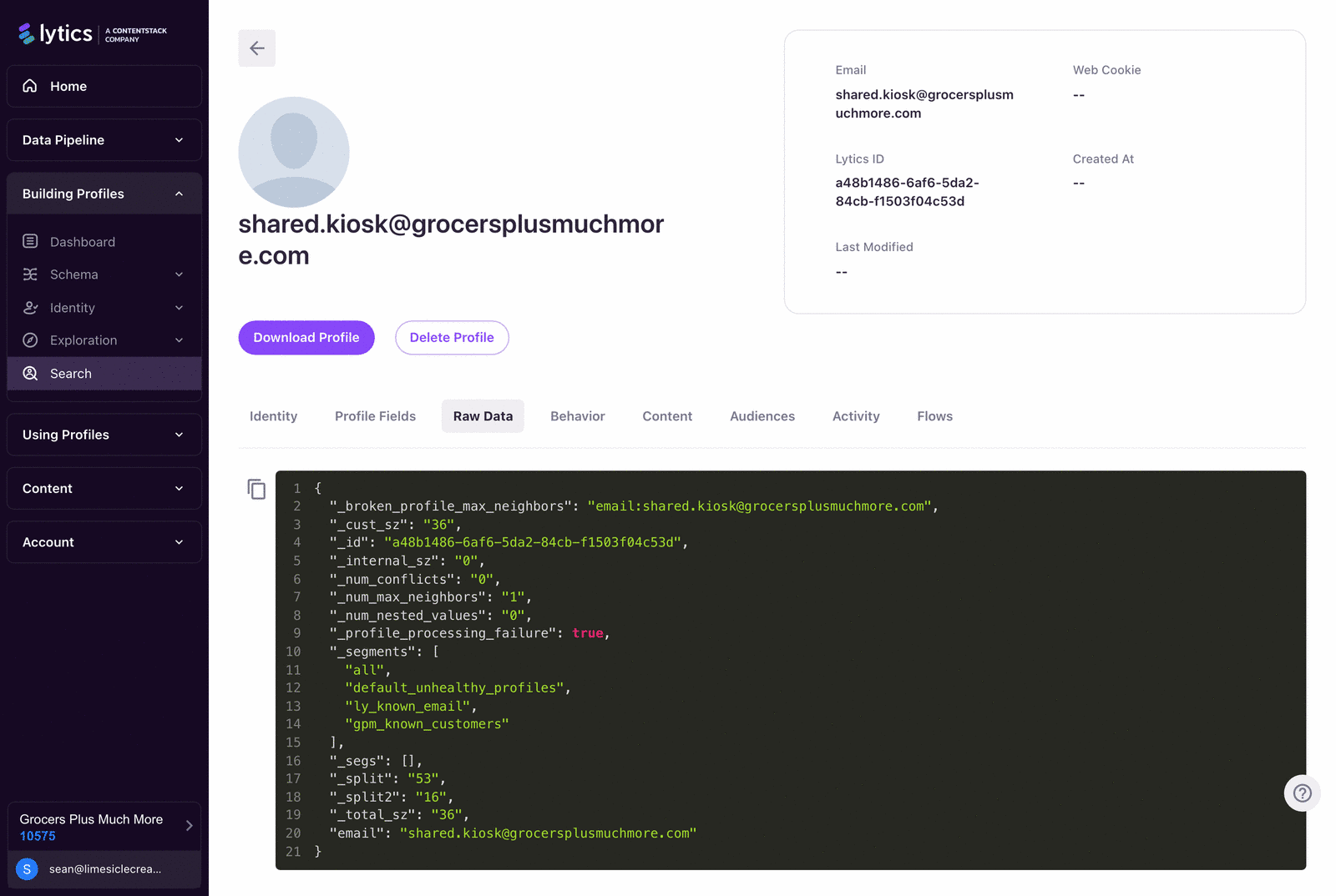 Identity Explorer profile showing processing failure metadata fields.