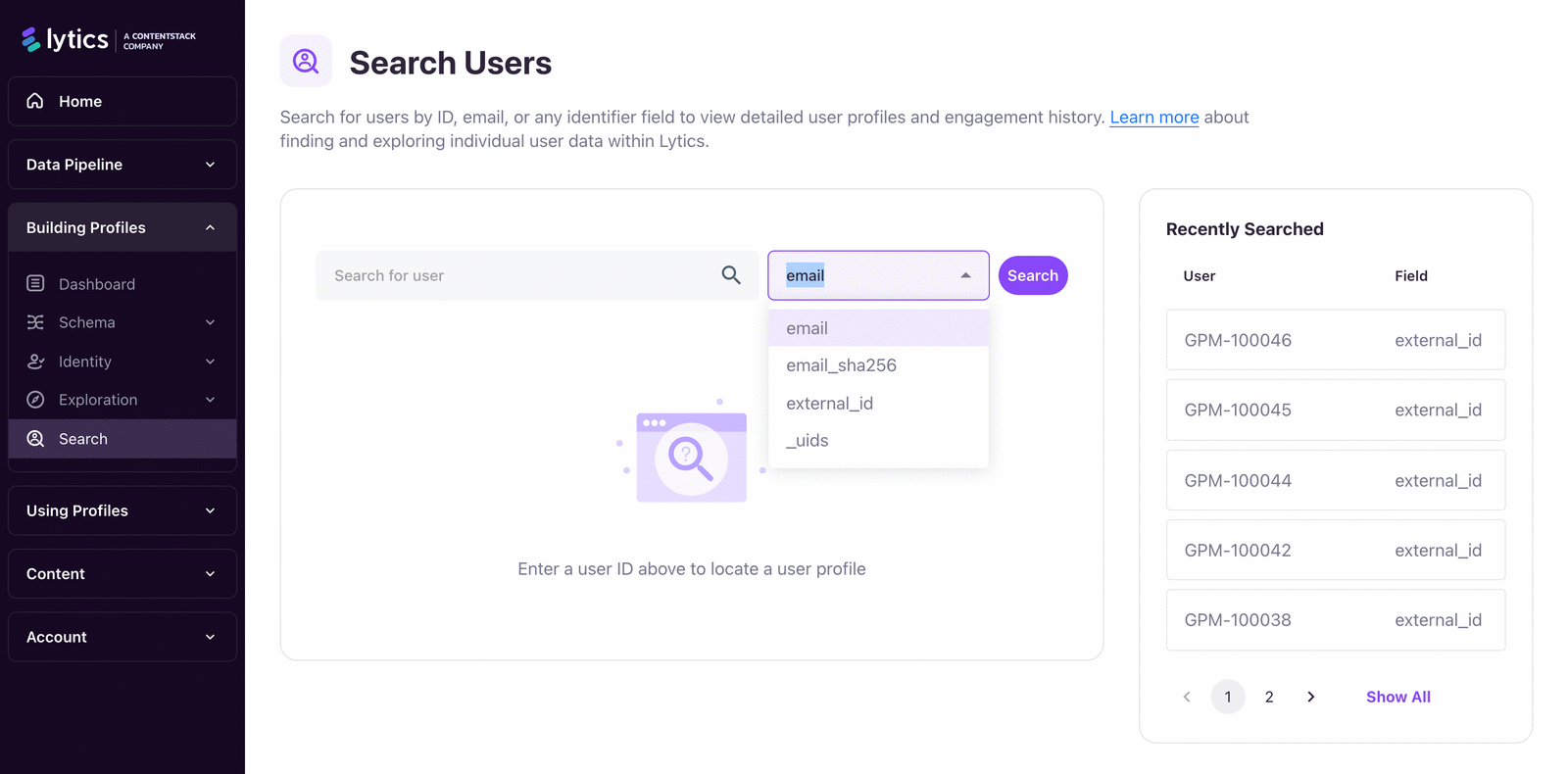 Building Profiles > Search interface showing the identifier type dropdown and search results for an example profile.