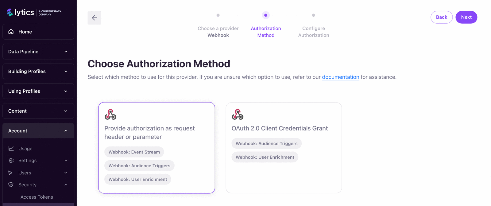 Authorization creation wizard showing provider and method selection.